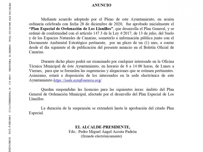 El Ayuntamiento abre el periodo de alegaciones al Plan  Especial de Ordenación de Los Llanillos